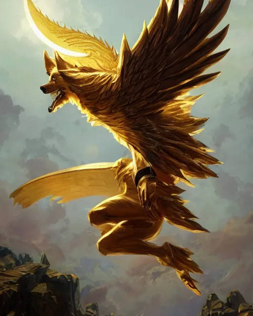 Image similar to '' Illustration of winged gold wolf running through the sky following the moon, league of legends, LOL, fantasy, d&d, digital painting, artstation, concept art, sharp focus, illustration, art by greg rutkowski and alphonse mucha ''