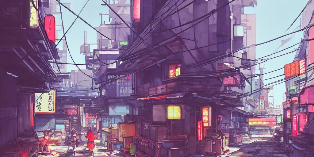 Image similar to japanese downtown, architecture, tokyo street, stylized, alleyway, in watercolor gouache detailed paintings, artstation, 8 k, big medium small, overwatch building, insanely detail, arcane, simon stalenhag, cyberpunk, food stall