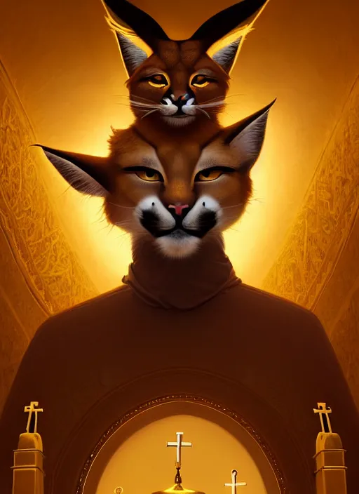 Image similar to cute fluffy anthropomorphic caracal as orthodox priest in golden clothes, caracal head, wearing vr, in orthodox church at background, dynamic lighting, darkness, atmospheric, surrealistic, ambients, dramatic, blurry bokeh cinematic, depth of field, art by bussiere rutkowski andreas rocha