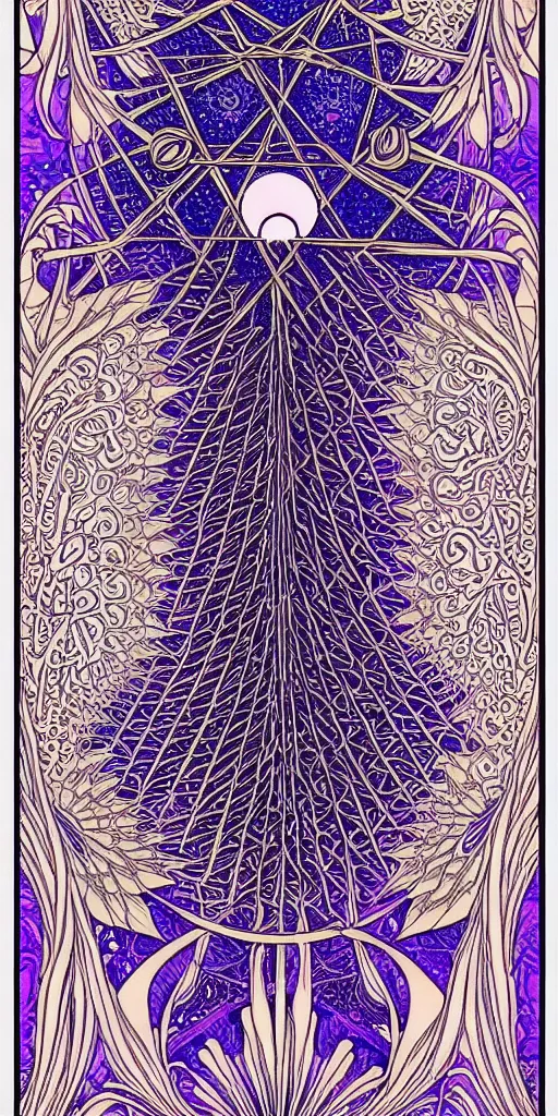 Prompt: a beautiful vaporwave fractal tarot card featuring bold occult imagery with clean lines. haeckel. detailed adult coloring book