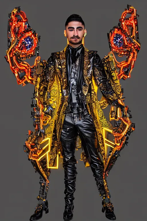 Image similar to full-body bladerunner neon baroque style sculpture of a handsome colombiano Maluma as a half cibernetic android with a chest opening exposing circuitry and electric sparks, glowing laser beam eyes, crown of giant diamonds, flowing neon-colored silk, fabric, raptors. intricate artwork by caravaggio. Trending on artstation, industrial lighting , photorealistic, octane render, 8k, depth of field, 3D