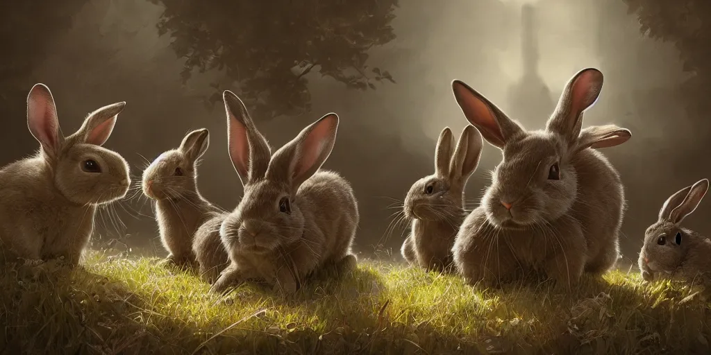 Prompt: fisheye lens shot of a family of rabbits, peter morbacher, ross tran, greg rutkowski, intricate details, trending on artstation, cinematic lighting, digital painting, sharp focus, no blur, octane render, artgerm