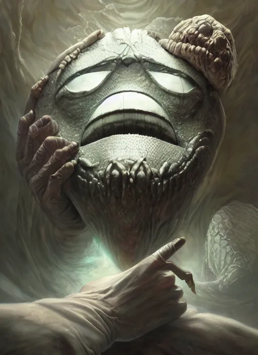 Prompt: moonrock mf doom reptile eyes, glowing white broken skin. intricate, elegant, highly detailed, centered, digital painting, artstation, concept art, smooth, sharp focus, illustration, artgerm, tomasz alen kopera, peter mohrbacher, donato giancola, joseph christian leyendecker, wlop, frank frazetta