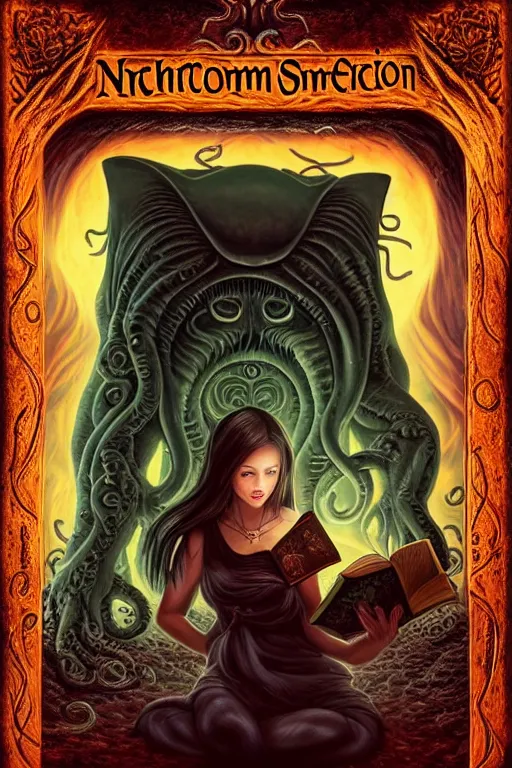 Image similar to romantic photo of bright girl, her cat and her book of necronomicon, symmetrical, cinematic, real dlsr photography, sharp focus, 4 k, ultra hd, sense of awe, sinister demonic atmosphere, dreadful, forbidden knowledge, old gods, cthulhu, yog - sothoth! yah, yah, yah! cultist journal cover