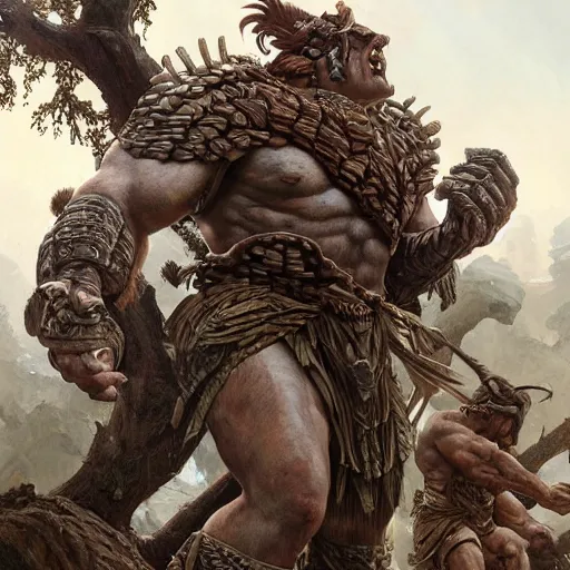 Image similar to muscular ogre - like fierce warrior with tree - bark skin wearing intricate stone and wood armor, towering above a group of soldiers, battlefield, highly detailed, digital painting, artstation, concept art, smooth, sharp focus, illustration, art by artgerm and greg rutkowski and alphonse mucha