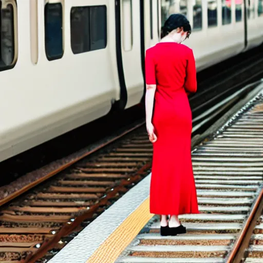 Prompt: girl in red dress standing on the train platform crying