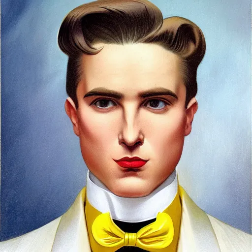 Image similar to full body portrait of a young handsome melancholic male leyendecker model with slicked back red hair, a symmetrical clean - shaven face and white eyes, wearing a white tuxedo jacket with a yellow popper flower in its lapel, symmetry, reflection, mirrors, myth of narcissus, perfectly symmetrical composition, rule of thirds, by pierre et gilles