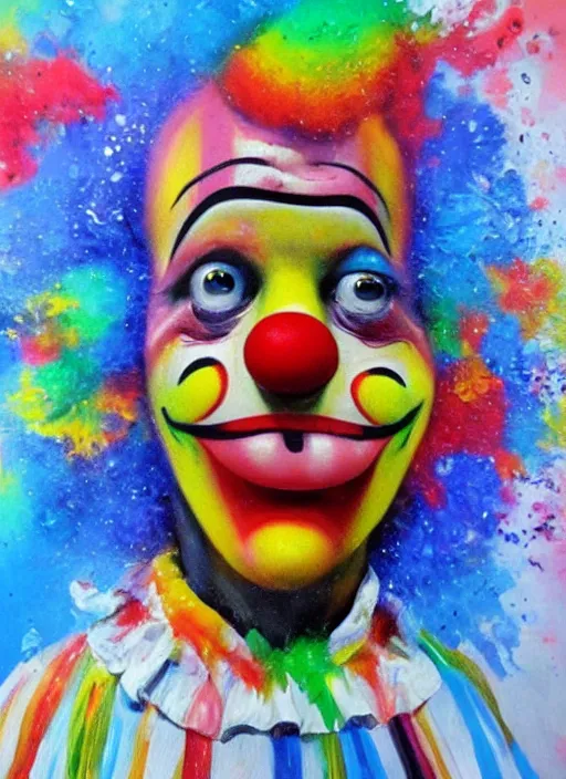 Prompt: clown, massive paint splashes, oil paint, depth