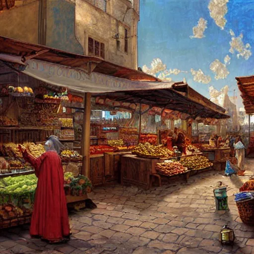 Prompt: a mockup of a medieval Mediterranean street market , beautiful digital art, cinematic composition, detailed, concept art, Matt painting, oil painting, art by Norman Rockwell