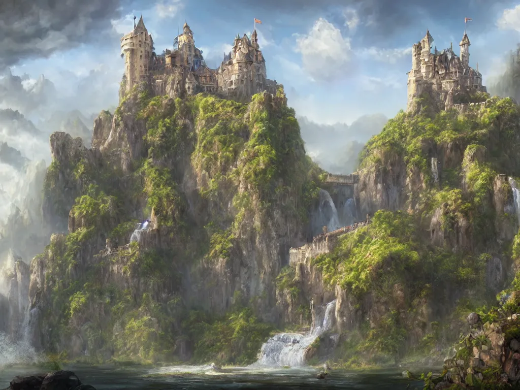 Prompt: a painting of a castle with a waterfall in front of it, a detailed matte painting by tyler edlin, featured on cgsociety, arts and crafts movement, artstation hq, unreal engine 5