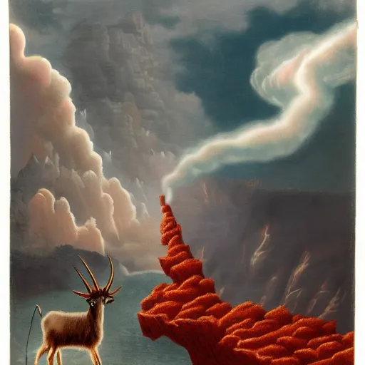 Image similar to highly detailed goat with a thousand horns blowing smoke on a red cliff with thunderstorm in the background