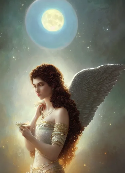 Image similar to A beautiful digital painting of a female angel full of jewels, princess, the moon behind her, intricate, cinematic lighting, highly detailed, digital painting, Artstation, concept art, smooth, sharp focus, illustration, art by Tom Bagshaw, Artgerm and Greg Rutkowski