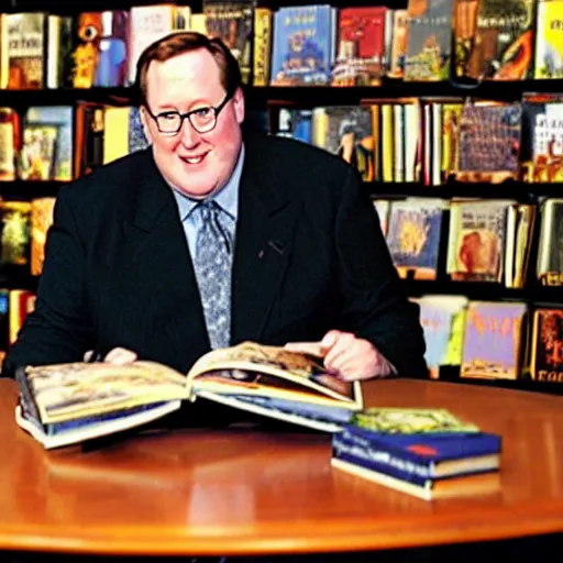 Prompt: full length body shot of 2 0 0 3 john lasseter wearing a black suit and necktie and black shoes sitting in a bookstore at a round table. there are books being displayed on the table