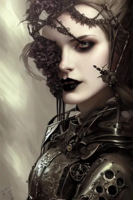 Prompt: beautiful and gothic and sinister and luxury and dieselpunk young medieval female knight portrait +smoky eyes+front face with light flowing hair, ultradetail face, art and illustration by tian zi and craig mullins and WLOP and alphonse mucha, fantasy, intricate complexity, human structure, human anatomy, fantasy character concept, watermark, blurry, hyperrealism 8k