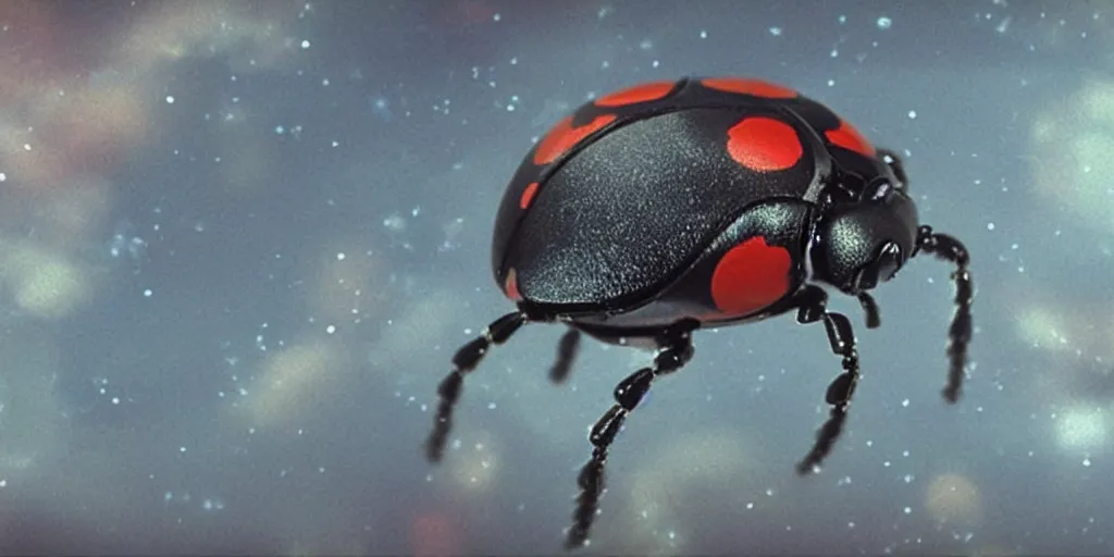Image similar to a 3 d rendered movie still from a distance of 3 0 m of a ladybug 1 million years from now. the ladybug is sentient, wears tiny spacesuit, and conquered space exploration in a tiny space ship. science fiction blockbuster movie ladybugs rule the world, imax 7 0 mm. bladerunner.
