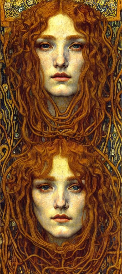 Image similar to detailed realistic beautiful young medieval queen face portrait by jean delville, gustav klimt and vincent van gogh, art nouveau, symbolist, visionary, gothic, pre - raphaelite, muted earthy colors, desaturated