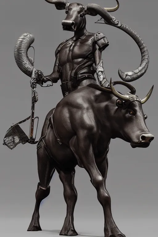 Prompt: a tall bull android with hard rubber coating standing, 3 d, depth of field, octane render, symmetrical, hyper realism, highly detailed, digital art, artstation, concept art, cinematic lighting, trending, art by artgerm and greg rutkowski and alphonse mucha