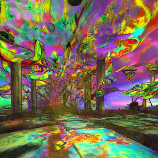 Image similar to realistic renderings of trippy scenes