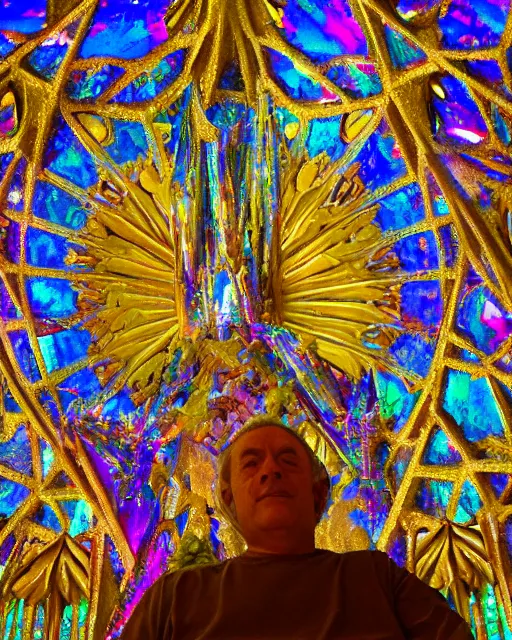 Image similar to King sitting in an iridescent throne designed by Gaudi (inspired by Sagrada Familia), bokeh, long shot