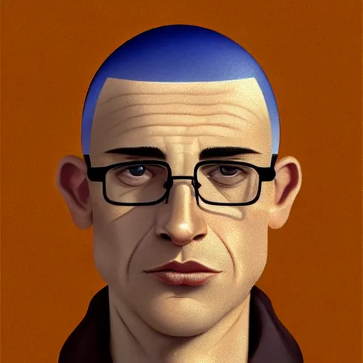 Prompt: 50 year old brunette man with very short hair, buzz cut, round face, square face, round jaw, wide chin , romanian, silver small glasses, romanian heritage, brown eyes, brown eyes, olive skin, round round round nose, round chin, clean shaven wide wide wide face, thin lips, digital art, concept art, cgsociety, painterly, painting, 8k, illustration, painting, dramatic, beautiful, art by loish loish loish, cartoon, stylized painterly, trending on artstation, medium shot, uncropped