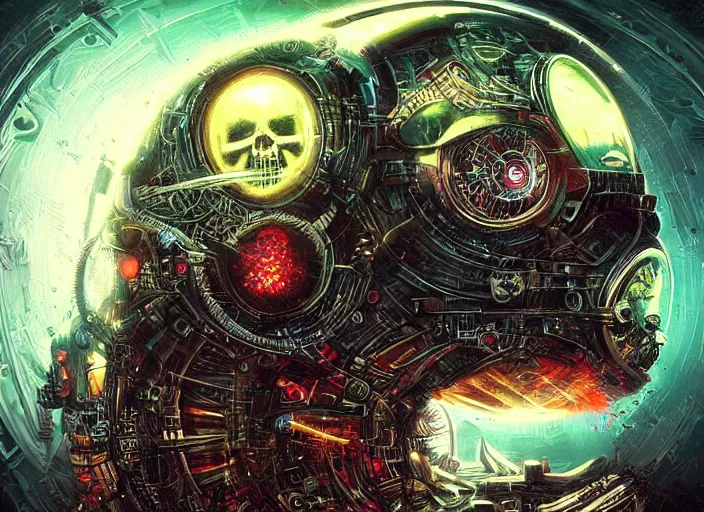 Prompt: a futuristic skull with glowing eyes and a wormhole tunnel cyberpunk art by android jones