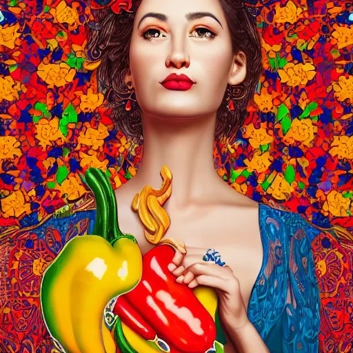 Image similar to the portrait of a beautiful and elegant young hispanic woman made up of peppers, an ultrafine detailed illustration by james jean, intricate linework, bright colors, final fantasy, behance contest winner, vanitas, angular, altermodern, unreal engine 5 highly rendered, global illumination, radiant light, detailed and intricate environment