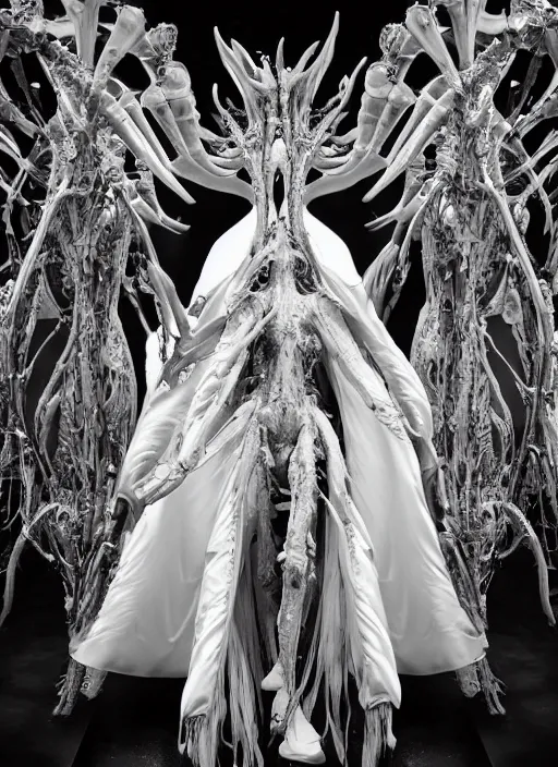 Image similar to walking down the catwalk, ben watts, show, stage, vogue photo, podium, fashion show photo, historical baroque dress dark, iris van herpen, beautiful woman, masterpiece, intricate, biopunk, vogue, full body shot, alien, plant predator, guyver, jellyfish, white biomechanical details, highly detailed