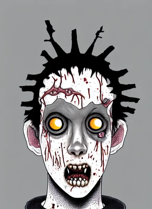 Image similar to junji ito style portrait of zombie teenage jughead jones wearing a light grey crown, photorealistic, zombie, crown, rotting skin, blind eyes, white eyes, crown, black hair, intricate, highly detailed, illustration, art by junji ito