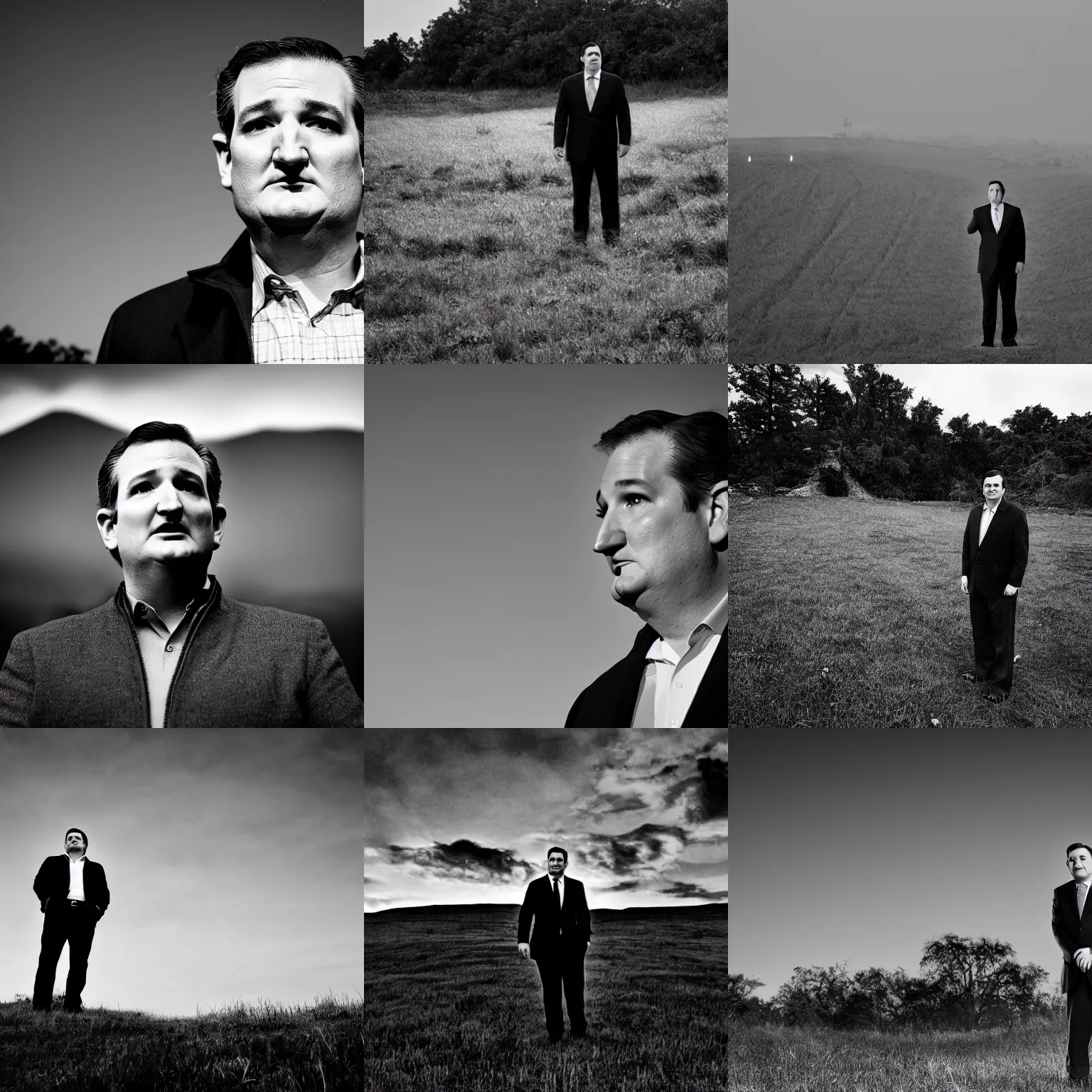 Prompt: Ted Cruz standing on a hill, black and white, creepy lighting, scary, horror, ornate, eerie, fear