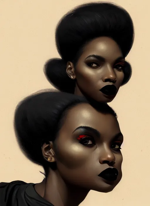 Image similar to portrait of a black woman with a crooked nose and a confident expression, 1 9 6 0 s, black clothes, goth, punk, funk, intricate, elegant, highly detailed, digital painting, artstation, concept art, smooth, sharp focus, illustration, art by wlop, mars ravelo and greg rutkowski