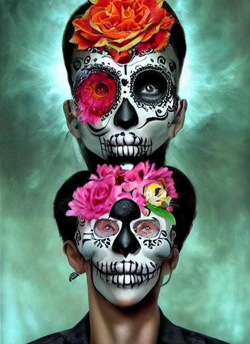 Image similar to dia de los muertos theme surrealist art in the styles of igor morski, jim warren, and osborne macharia, intricate, hyperrealistic, accurate facial details, profile picture with chromakey!!!!! background, volumetric lighting