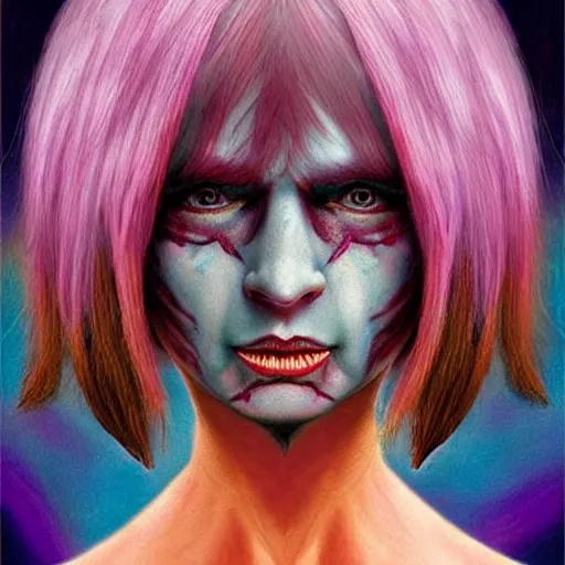 Image similar to a frightening, beautiful elf with violet skin, a scarred face, a bob haircut, and bushy eyebrows, smirking, in the style of jason edmiston