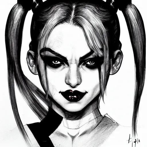 Prompt: harley quinn headshot portrait drawn in black and white watercolor, manga panel style, wlop, trending on artstation