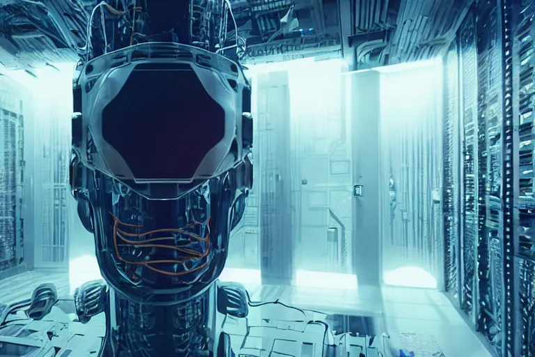 Image similar to extremely detailed cinematic movie still 3 0 7 7 portrait shot of a robot in an endless data centre by denis villeneuve, wayne barlowe, simon birch, philippe druillet, beeple, foggy, volumetric sunlight from small windows