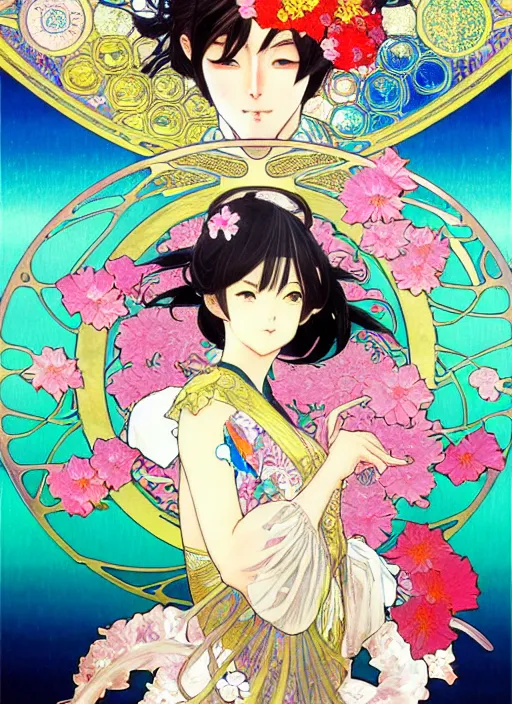 Image similar to exquisite imaginative manga poster art of genshin impact, flowers, pearlescent, shimmering, reflective, rim light, detailed background, by kojima ayami, shigenori soejima, minaba hideo, alphonse mucha, art nouveau, illustration, artstation, concept art, highly detailed, colorful, maximalist