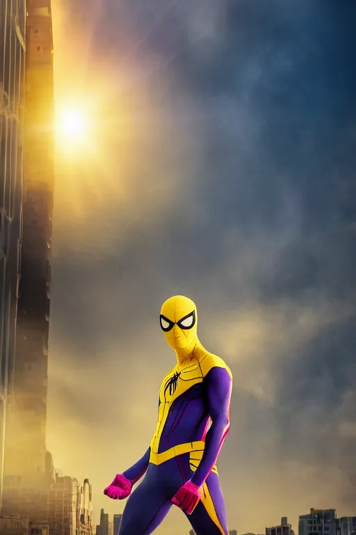 Image similar to yellow and purple spider-man, character poster, dramatic lighting, atmospheric dust, intense lens flare, city backdrop
