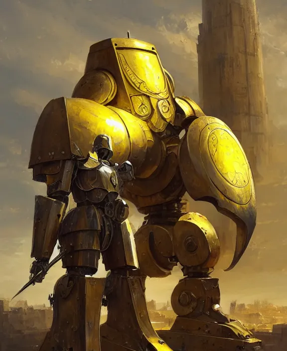 Image similar to human-sized strong intricate yellow pit droid holding large paladin medieval shield!!! and a long medieval engraved powerful great sword, pancake short large head painterly humanoid mecha, beautiful fantasy background by Greg Rutkowski