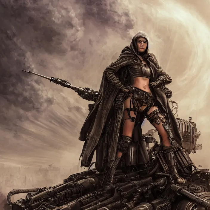 Image similar to beautiful apocalyptic woman in hooded cloak, standing on mad max panzer tank, hyper-detailed, smooth, sharp focus, 4k ultra hd, fantasy dark art, tank girl, artgerm, artstation, octane render, elegant, detailed digital painting, apocalyptic art