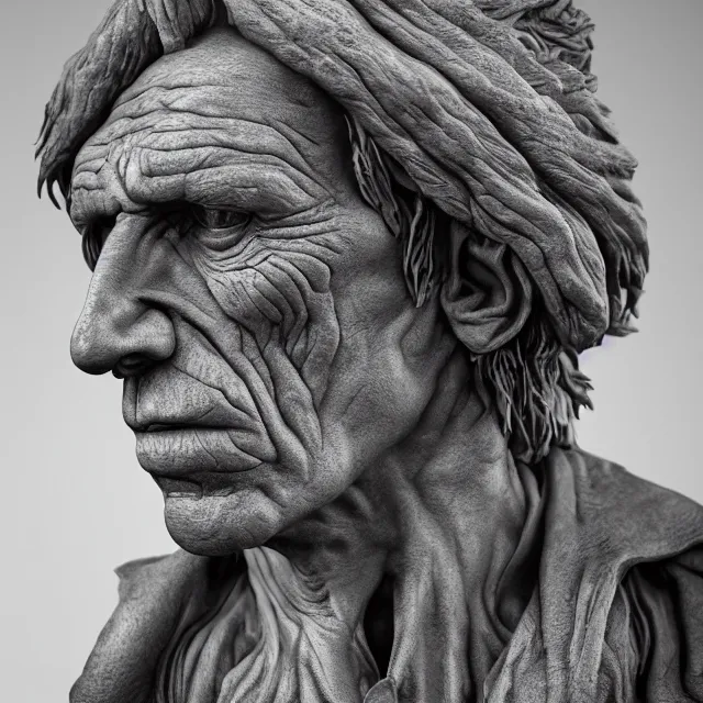 Image similar to photography of a bust of Keith Richards made of clay by Sebastian Kruger and Michelangelo, wrinkles, 50mm, studio atmosphere, 8K, rim light, octane render, ultra-realistic