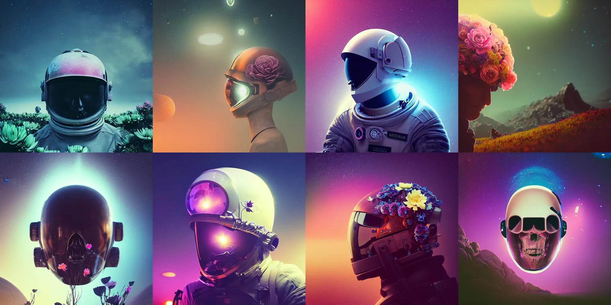 Image similar to beautiful dark landscape, astronaut cracked helmet skull head, beautiful flowers growing, in the style of beeple and mike winkelmann, intricate, epic lighting, cinematic composition, hyper realistic, 8 k resolution, unreal engine 5, raytracing, ultraviolet colors,