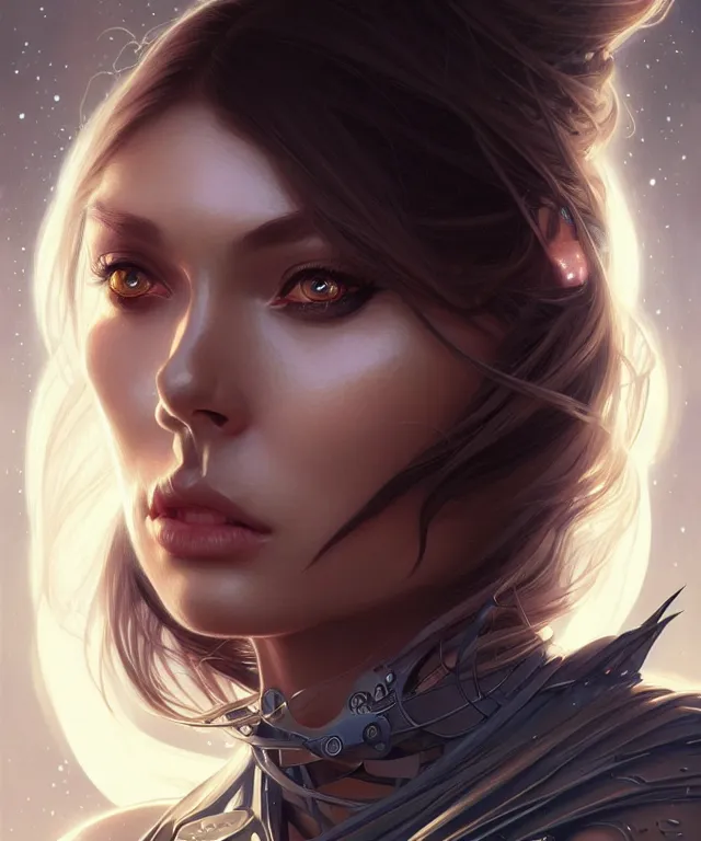 Image similar to futuristic woman portrait, sci-fi, amber eyes, face, long hair, fantasy, intricate, elegant, highly detailed, digital painting, artstation, concept art, smooth, sharp focus, illustration, art by artgerm and greg rutkowski and alphonse mucha