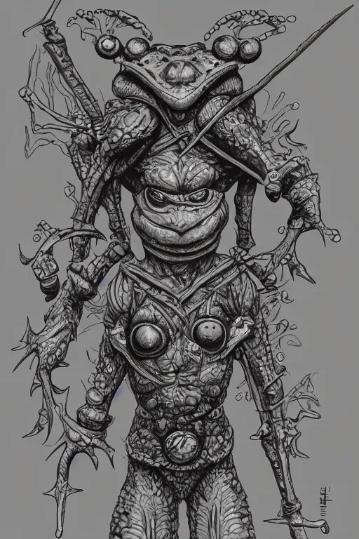 Image similar to humanoid toad warrior, frog themed, bog, symmetrical, highly detailed, digital art, sharp focus, trending on art station, kentaro miura manga art style