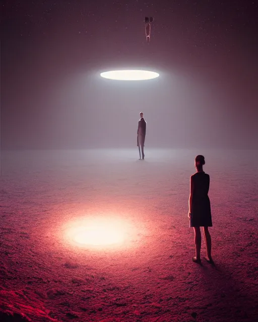 Image similar to a person standing in front of a glowy open door that's on a barren moon, poster art by mike winkelmann, trending on cg society, space art, sci - fi, ue 5, futuristic, volumetric lighting, light casting onto the ground, neat composition and camera angle