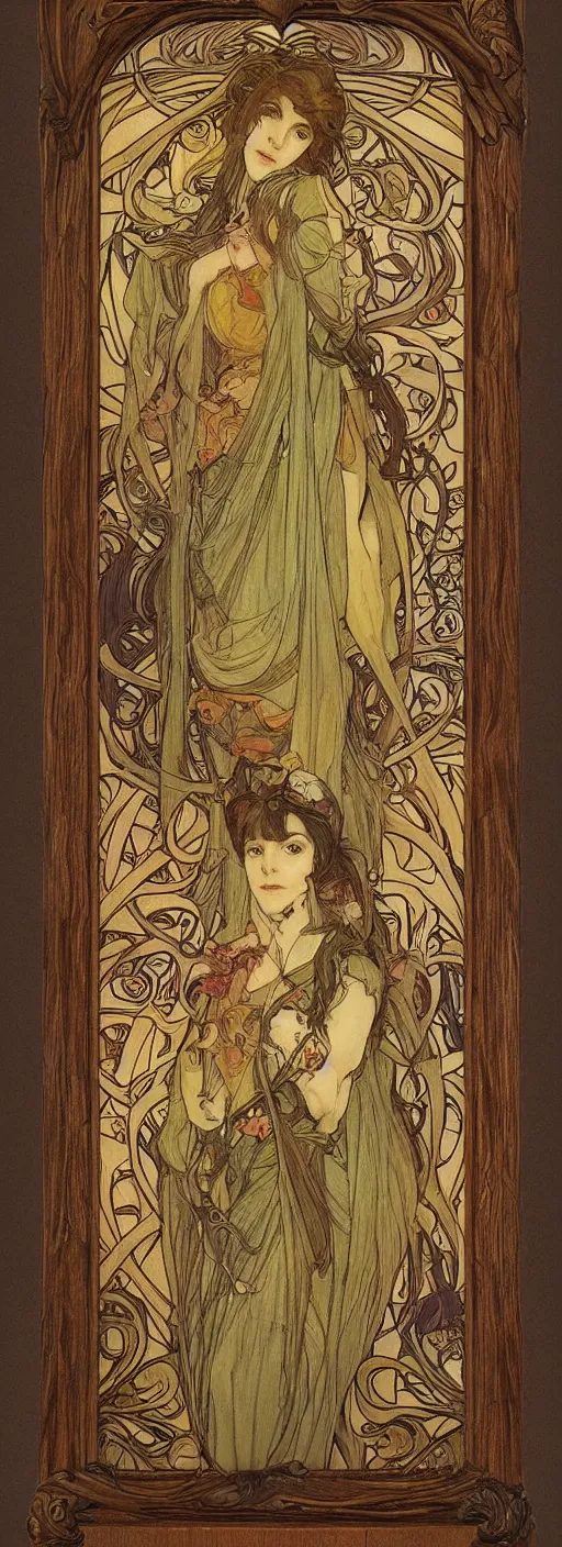 Prompt: an art nouveau wood screen picture frame by brian froud and alphonse mucha distressed wood patine painting concept cinematic lighting Gaudi