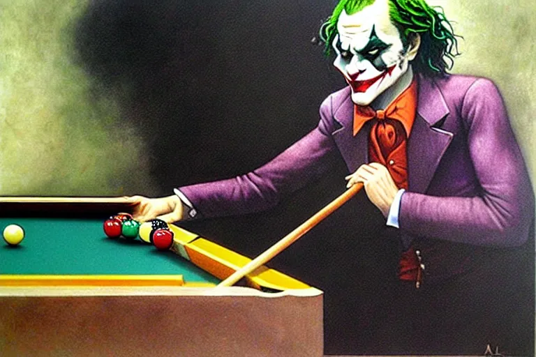 Prompt: a portrait of the joker playing pool by alan lee