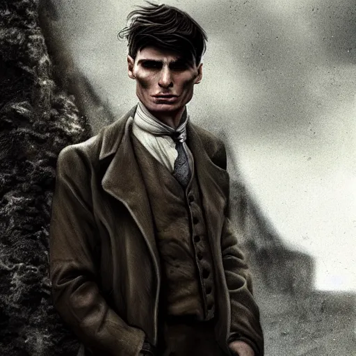 Image similar to Thomas Shelby cillian murphy standing in atlantis, digital art, photorealistic, highly detailed, realistic face, epic, fantasy, artstation