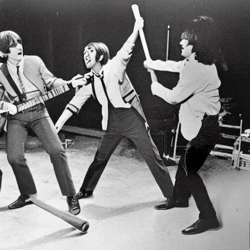 Image similar to the beatles whacking each other with baseball bats during let it be sessions