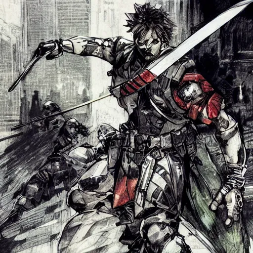 Image similar to hero sitting on a chair holding a sword on his back, looking at a army in the background illustrated by yoji shinkawa, pencil art, extra detail, dynamic, colored, blood, metal swords