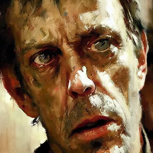 Prompt: face protrait of hugh laurie, realistic, ultrahd, jeremy mann painting
