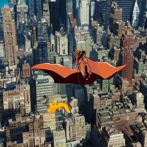 Prompt: charizard flying above new york, as an ugly titan, attack on titan, shingeki no kyojin, film still, wide open city